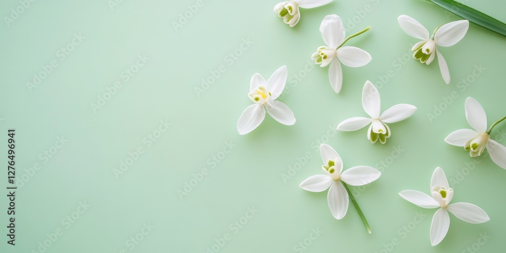 Fototapeta premium A bunch of delicate snowdrop flowers on a vibrant green background