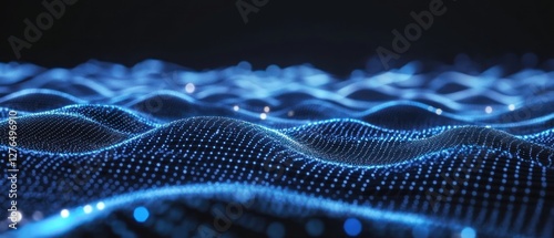 Abstract blue waves with glowing particles in motion