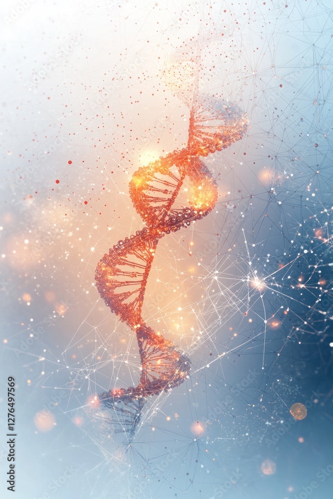 Obraz premium Abstract DNA Helix with Glowing Particles in Background