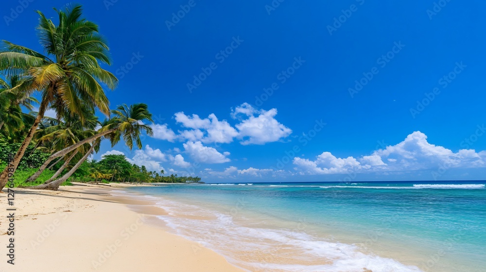 Tropical beach, palm trees, ocean, sunny day, perfect vacation, relax Tropical beach, palm trees, ocean, sunny day, perfect vacation, relax