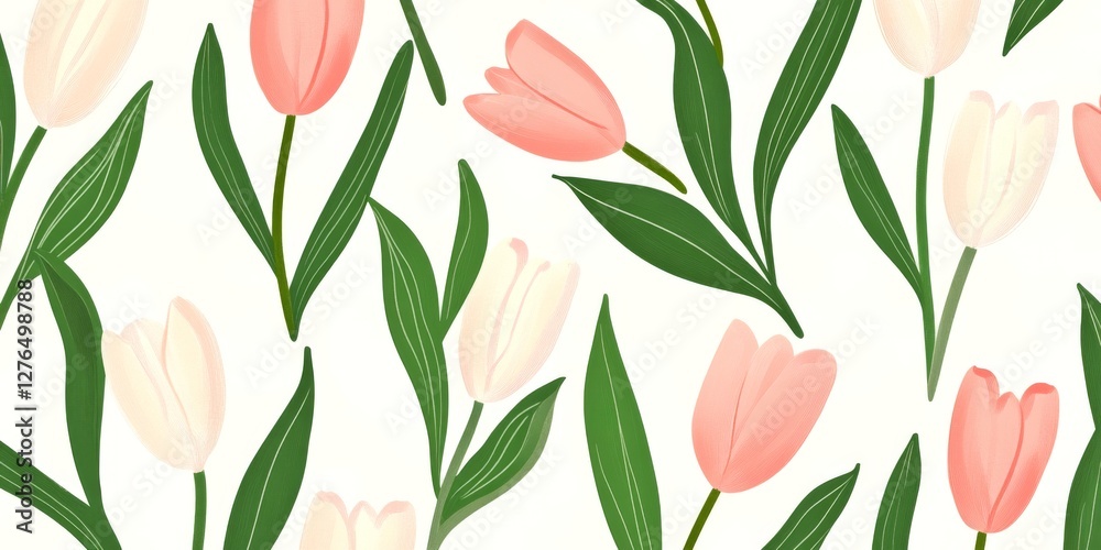 Beautiful floral pattern featuring soft pink and white tulips surrounded by fresh green leaves. This illustration is ideal for spring-themed designs and decorative purposes. AI Beautiful floral pattern featuring soft pink and white tulips surrounded by fresh green leaves. This illustration is ideal for spring-themed designs and decorative purposes. AI