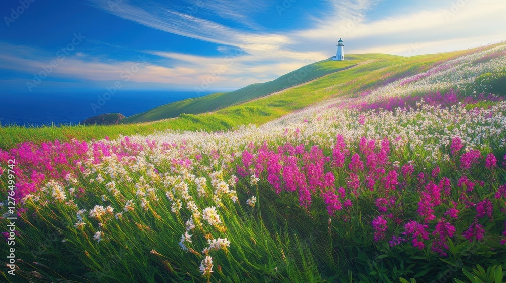Fototapeta premium Beautiful colorful wild flowers with lighthouse at sea beach in Spring.
