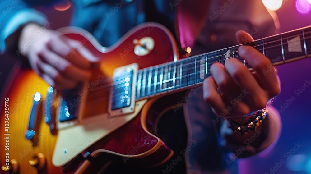 Obraz premium Musician passionately playing electric guitar on stage during a vibrant live concert with lights