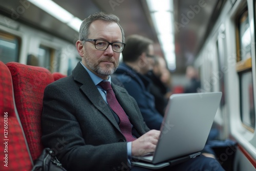 Businessman working on laptop in subway train