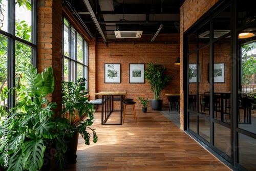 Modern cafe interior with brick walls, plants, and natural light