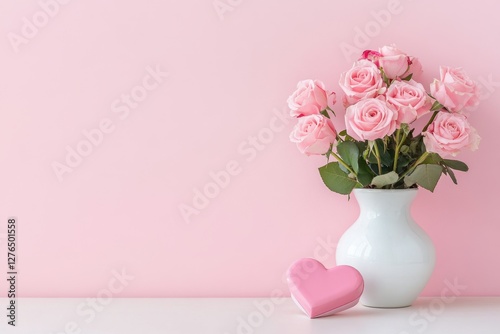 A white vase holds pink roses beside a heart-shaped box on a pastel background. Generated AI