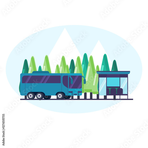 Mountain Bus Stop - Scenic Flat Vector Illustration