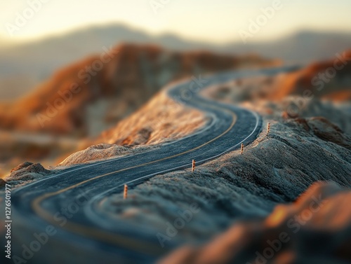 Winding road through rugged mountains at sunset photo