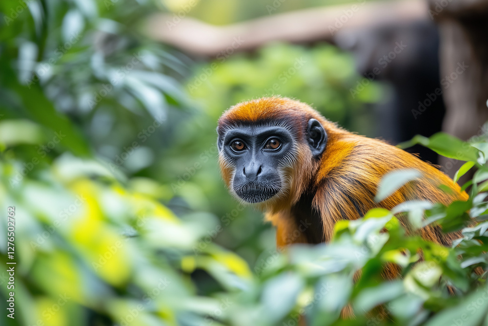 Fototapeta premium Selective focus red monkey in the zoo, Golden brown gibbon in the zoo.