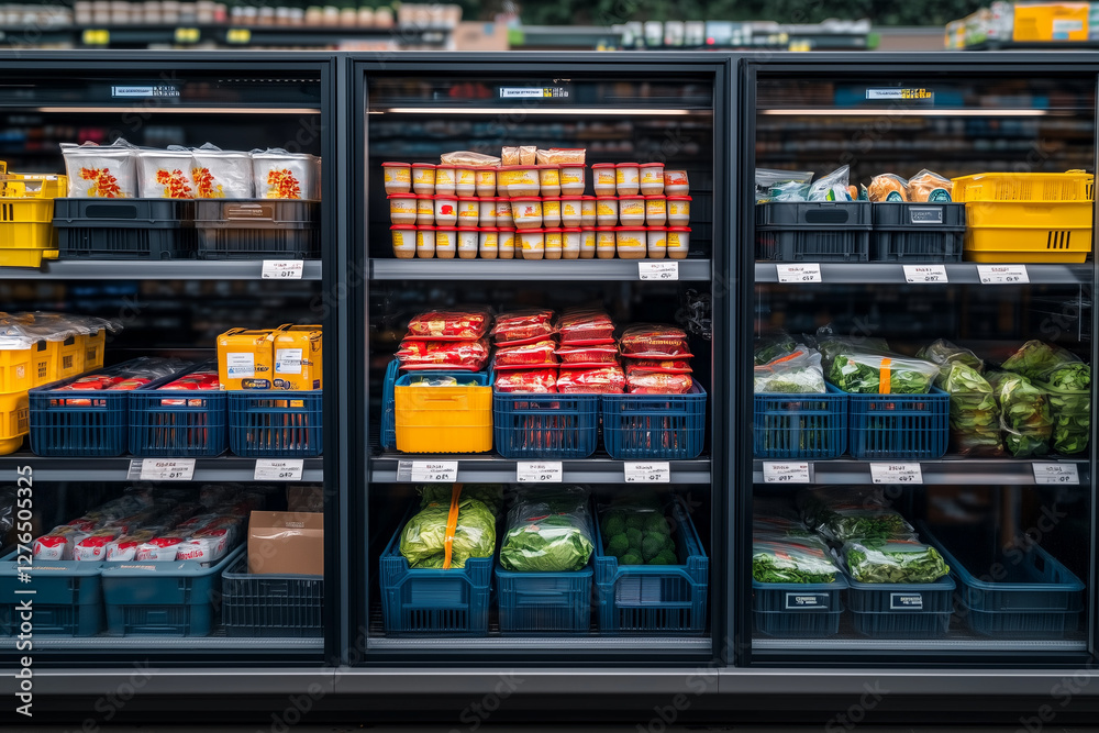 Interior view of grocery store with product shelf and refrigerator, Inside of supermarket with plenty of product, Shopping center for household groceries. Interior view of grocery store with product shelf and refrigerator, Inside of supermarket with plenty of product, Shopping center for household groceries.