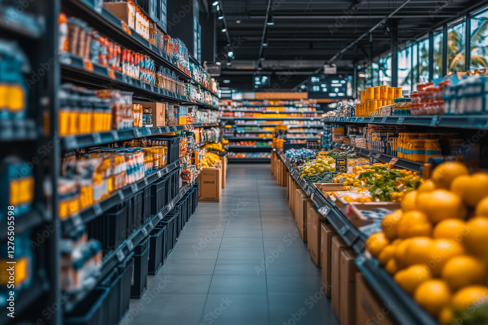 Interior view of grocery store with product shelf and refrigerator, Inside of supermarket with plenty of product, Shopping center for household groceries. Interior view of grocery store with product shelf and refrigerator, Inside of supermarket with plenty of product, Shopping center for household groceries.