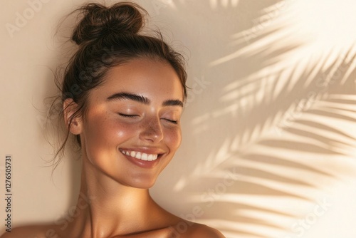 Beautiful young woman with radiant skin smiling in sunlight with palm leaf shadows. Generated AI
