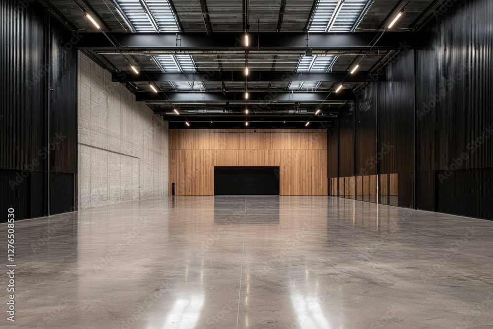 Empty modern warehouse interior with polished concrete floor Empty modern warehouse interior with polished concrete floor