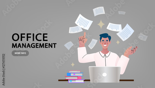 Stressed young business man with his laptop in his office. Table and work. Businessman with many papers. man manages a lot of documents and information on the computer. Vector illustration.