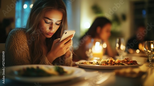 Social media rumors affecting a woman during a dinner party. Featuring unease and distraction