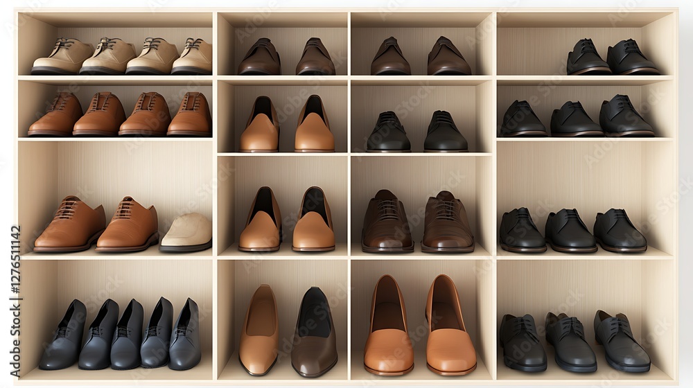 Organized shoe collection showcasing diverse styles in shelving unit Organized shoe collection showcasing diverse styles in shelving unit