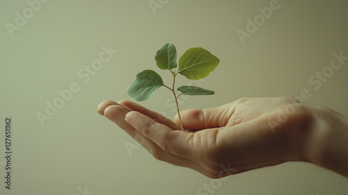 Sprout in hand close-up on a green-olive background. Generated by artificial intelligence.