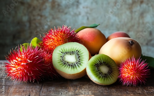 A vibrant assortment of tropical fruits, featuring kiwi, rambutan, and peaches, arranged beautifully on a rustic wooden surface. photo