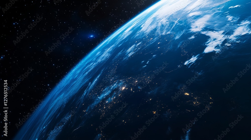 Fototapeta premium Satellite orbits Earth, capturing vibrant blue and white surface, showcasing planetary beauty from space.