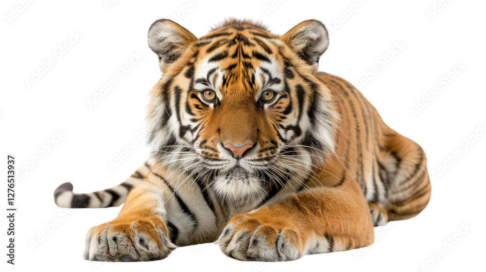 Fototapeta premium A majestic tiger with striking stripes laying on ground on a white background