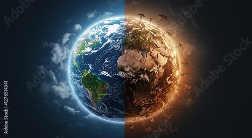 Fototapeta Naklejka Na Ścianę i Meble -  Earth Divided Climate Change Concept Showing Healthy Side Vs Destroyed World
