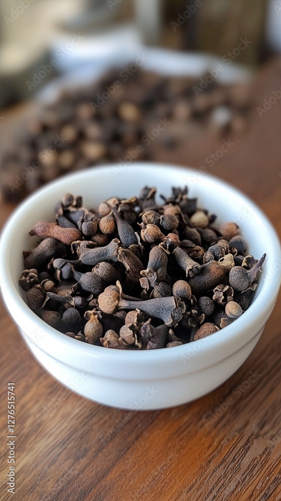 Close-up of dried cloves in a white bowl on a wooden surface, natural spices. Close-up of dried cloves in a white bowl on a wooden surface, natural spices.