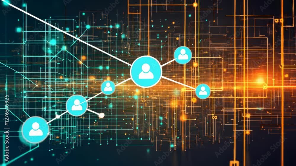 Connected user icons on digital circuit board background Connected user icons on digital circuit board background