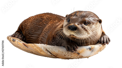 Close-up portrait of a cute European otter with brown fur and whiskers in a natural wildlife setting