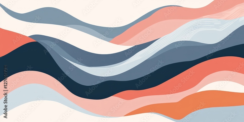 Abstract Wave Pattern with Fluid Lines in Blues and Coral Tones Abstract Wave Pattern with Fluid Lines in Blues and Coral Tones