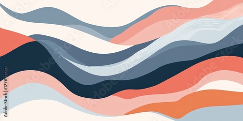 Abstract Wave Pattern with Fluid Lines in Blues and Coral Tones