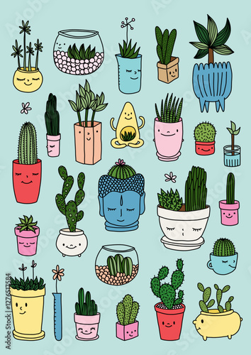 Cute Potted Plants and Cactus Illustration