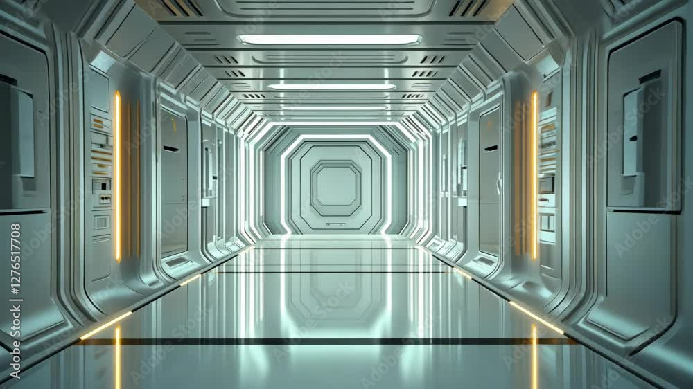 Futuristic spaceship corridor with glowing lights and reflective floor
