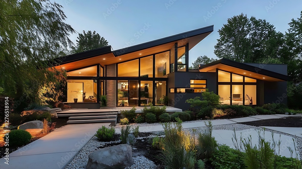 Modern Home Exterior at Dusk with Architectural Design and Landscaping Modern Home Exterior at Dusk with Architectural Design and Landscaping