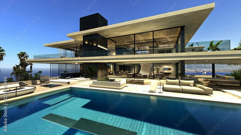 Modern hillside villa with infinity pool, ocean view, city backdrop Modern hillside villa with infinity pool, ocean view, city backdrop