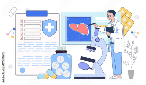 A doctor in a lab coat analyzing a liver scan with a microscope, surrounded by medical documents, pills, and molecular structures on a white background. Vector illustration