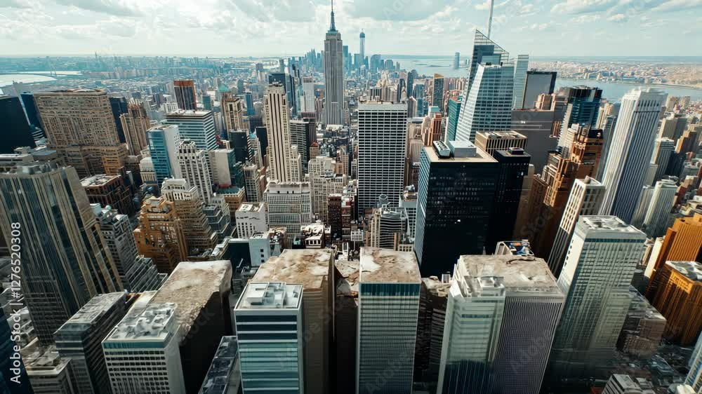 NYC skyline view from rooftop, midday bustling cityscape