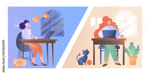 Two women working remotely at desks with laptops in different home settings. One setting is cool-toned, the other warm-toned. Cats and decor elements add coziness. Vector illustration