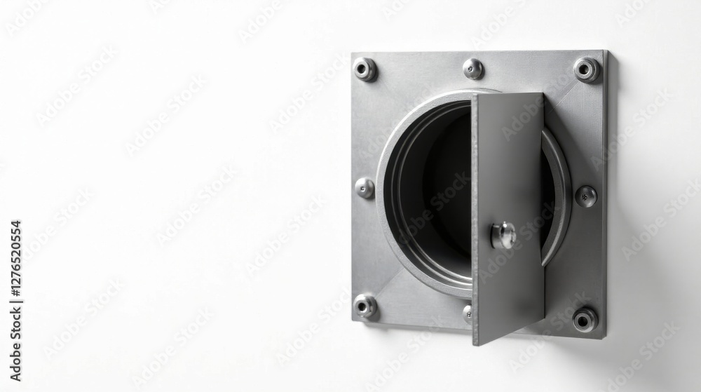 Fototapeta premium A slightly ajar metallic access panel reveals a circular opening in a smooth, white surface.