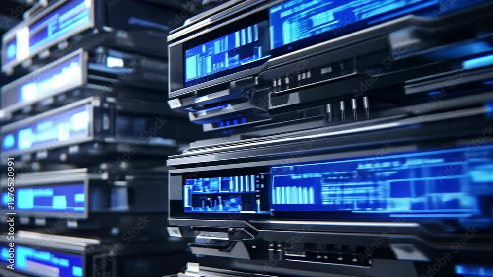Server room data center with glowing screens, processing data Server room data center with glowing screens, processing data