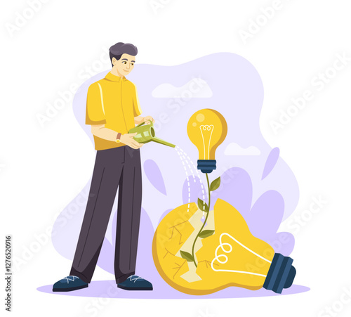 A man waters a plant sprouting from a broken light bulb, symbolizing innovation and growth from failure. Modern flat style on a light background. Vector illustration