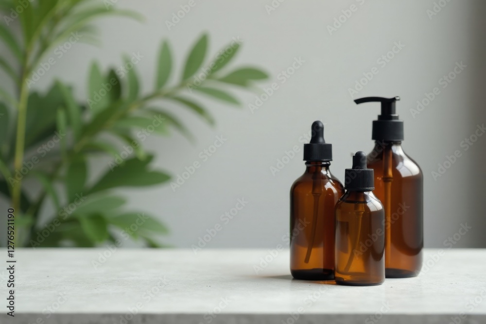 Amber glass bottles with dropper and pump dispenser on a table near a plant Amber glass bottles with dropper and pump dispenser on a table near a plant