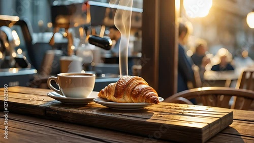 fresh croissant and steaming coffee on a rustic wooden table in a cozy café

