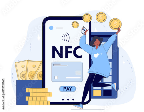 Happy woman celebrates a successful mobile NFC payment using smartphone. Background features large phone screen, coins, cash, payment terminal. Concept of digital transactions. Vector illustration