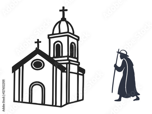 Illustration of a pilgrim walking towards a church, symbolizing a spiritual journey. The church features a prominent dome and cross the pilgrim carries a staff and wears traditional attire.