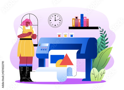 Woman in yellow apron operating large format printer in creative studio. Shelves with supplies, plants, and clock in background. Concept of printing industry. Vector illustration