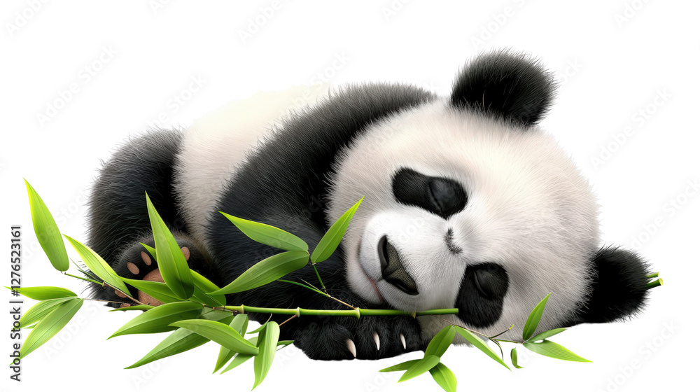 Fototapeta premium A cute 3D giant panda eating bamboo in the wild and sleeping