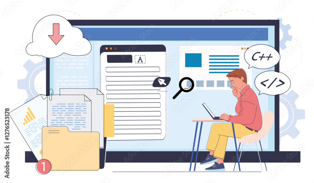 A developer sitting at a desk working on a programming project on a laptop, surrounded by software development icons, code, and cloud storage symbols. Vector illustration A developer sitting at a desk working on a programming project on a laptop, surrounded by software development icons, code, and cloud storage symbols. Vector illustration