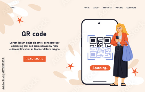 Woman scanning a QR code on a smartphone screen, standing with a bag. Minimalist design on a light background. Concept of digital payment and mobile scanning. Vector illustration