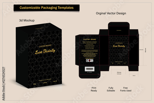 Perfume Packaging design, luxury box design template, Box die line, 3d Box Mockup, and Design elements. Illustration Vector Design Template.