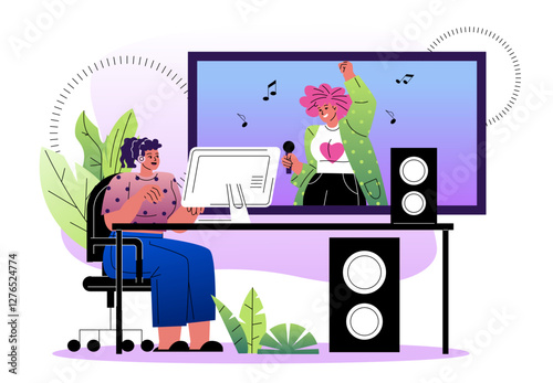 A music producer working on a song in a studio with a singer performing on a screen. The scene includes speakers, a monitor, and a creative workspace. Vector illustration